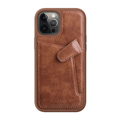 Nillkin AOGE műanyag telefonvédő (valódi bőr hátlap, mikrofiber plüss belső, bankkártya tartó) BARNA [Apple iPhone 12 Pro Max] (5996591015897)