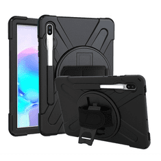 gigapack Defender műanyag telefonvédő (közepesen ütésálló, kitámasztó, 360°-ban forgatható + kézpánt) FEKETE [Samsung Galaxy Tab S6 10.5 LTE (SM-T865)] (5996457913176)