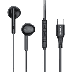 Vipfan Vezetékes sztereó fülhallgató, USB Type-C, mikrofon, funkció gomb, hangerő szabályzó, M18, fekete (IP036851)