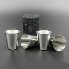 BigBuy 4 részes utazó pálinkás pohár szett - 0,3 dl-es fém kupica készlet praktikus bőr tokban (BBL)