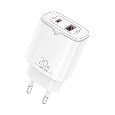 Vipfan E08 hálózati töltő USB + USB-C, 20W PD + QC 3.0 fehér (vfE08)