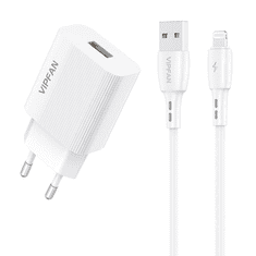 Vipfan E01 hálózati töltő 1xUSB, 2,4A + USB-A - Lightning kábel fehér (E01S-LT) (E01S-LT)