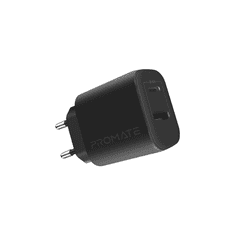 Promate BiPlug-2 USB-C / USB-A Hálózati töltő - Fekete (17W) (BIPLUG-2.EU-BK)