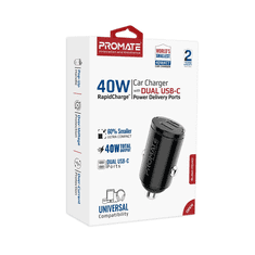 Promate Bullet-PD40 2x USB-C Autós töltő - Fekete (40W) (BULLET-PD40)