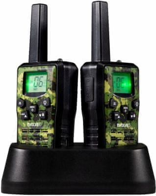 EVOLVEO Freetalk 2W két rádiókészlet nagy hatótávolságú nagy hatótávolságú 15km-es rádió 8 csatornás személyi mobil rádió készlet zajszűrő csengőhang akkumulátor állapotjelző újratölthető akkumulátor VOX csatornakeresés akkumulátor kímélő klipek övcsipesz LCD kijelző háttérvilágítású kijelző többsávos rádió kétsávos nagy teljesítményű rádió 2 sáv 121 kódok LED zseblámpa hosszú akkumulátor élettartam nagy teljesítményű rádió töltőalap személyi rádió töltőalappal
