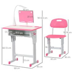 HOMCOM Íróasztal gyermekszékkel LED lámpa, Állítható magasságú, MDF/polipropilén/acél, 60x45x90-102 cm, rózsaszín