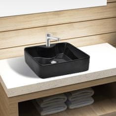 Greatstore Négyszögletes kerámia fürdőszoba mosdókagyló csaptelep lyukkal fekete