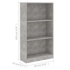 shumee 3 szintes betonszürke megmunkált fa könyvszekrény 60x24x109 cm