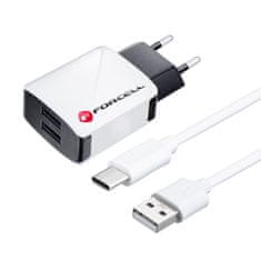 TKG Töltő: Forcell U21 - 2xUSB portos fehér hálózati töltőfej 2A + USB / Type-C (USB-C) kábel (1m)