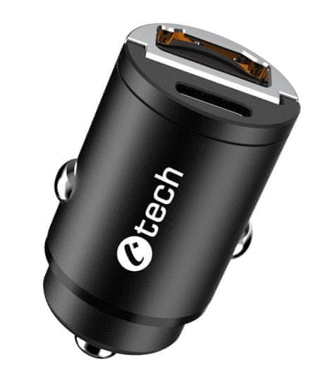 C-Tech USB autós töltő UCC-02, 1x Type C + 1 x Type A, 30W, Power delivery 3.0, Gyorstöltés