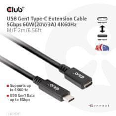 Club 3D USB-C hosszabbítókábel, 4K 60Hz (M/F) CAC-1529, 2m