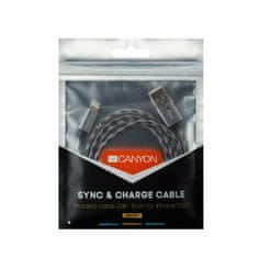 Canyon Lightning USB töltőkábel iPhone 5/6/7 készülékhez, fonott, fém köpeny, 1 méter, szürke