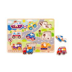 Tooky Toy Fa Montessori puzzle közlekedési járművek, megfelelő csapokkal