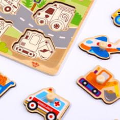 Tooky Toy Fa Montessori puzzle közlekedési járművek, megfelelő csapokkal