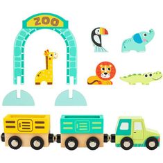 Tooky Toy játék fa tábla állatkerti állatok jármű vagonok