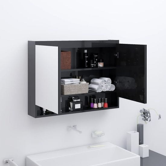 shumee fényes fekete MDF tükrös fürdőszobaszekrény 80 x 15 x 60 cm