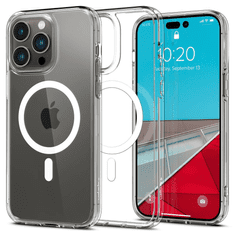 Spigen Apple iPhone 14 Pro, Műanyag hátlap védőtok + szilikon keret, Magsafe töltővel kompatibilis, Ultra Hybrid Mag, átlátszó/fehér (125637)
