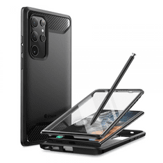 SUPCASE Samsung Galaxy S22 Ultra 5G SM-S908, Műanyag hátlap védőtok + Tempered Glass (edzett üveg), közepesen ütésálló, karbon minta, Clayco Xenon, fekete (111749)