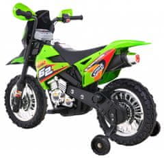 RAMIZ Elektromos gyermek Cross motorkerékpár élénk zöld színben; támasztó, felszerelhető kerekekkel, divatos marokvédővel