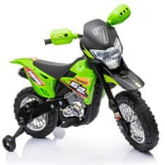 RAMIZ Elektromos gyermek Cross motorkerékpár élénk zöld színben; támasztó, felszerelhető kerekekkel, divatos marokvédővel