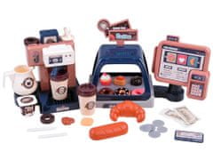 RAMIZ 41 db-os gyermek kávézó készlet fény- és hanghatásokkal (kávéfőző, pénztár, kávés bögrék, édességek, hitelkártya, bankjegyek és érmék)