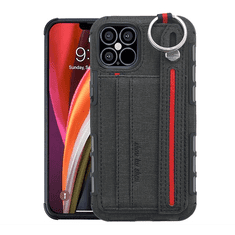 gigapack Szilikon telefonvédő (közepesen ütésálló, asztali tartó funkció, bankkártya tartó, textil hátlap + kézpánt) FEKETE [Apple iPhone 12 Pro] (5996591002675)
