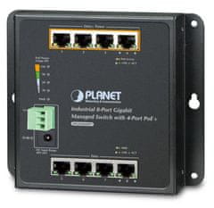 Planet WGS-804HPT lapos L2 switch, 8x1Gb, 4x PoE 802.3at 144W, 48-54VDC, -40~75°C, IP30, ventilátor nélküli, ventilátor nélküli