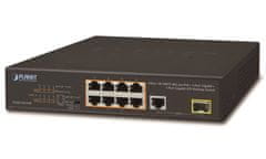 Planet FGSD-1011HP PoE switch, 8x 10/100 PoE, 1x TP + 1x SFP 1000Base-X, extend mode 10Mb, ESD, 802.3at 120W, ventilátor nélkül