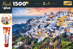 Trefl 2in1 puzzle készlet Gyönyörű Szantorini sziget, Görögország 1500 darab ragasztóval