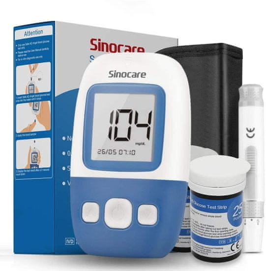 Sinocare glükométer Safe AQ Angel, 25 csík, 25 lantszetta, mintavevő toll, tasak