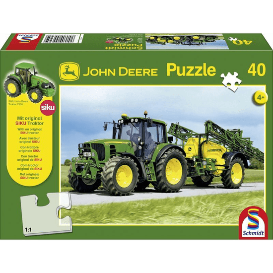 Schmidt John Deere Traktor 7530 tápanyagszóróval 40db-os puzzle (55625) + SIKU Traktor modell (13895-184) (13895-184)