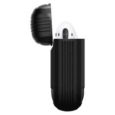 Bluetooth fülhallgató töltőtok tartó, szilikon, vezeték nélküli töltés támogatás, karabiner, Apple AirPods kompatibilis, Spigen Rugged Armor, fekete
