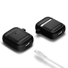 Bluetooth fülhallgató töltőtok tartó, szilikon, vezeték nélküli töltés támogatás, karabiner, Apple AirPods kompatibilis, Spigen Rugged Armor, fekete