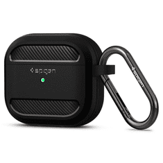 Spigen Bluetooth fülhallgató töltőtok tartó, szilikon, vezeték nélküli töltés támogatás, karabiner, Apple AirPods 3 kompatibilis, Rugged Armor, fekete (110277)