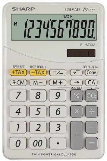 Sharp ELM-332BWH irodai számológép - Döntött kijelző, 10 nagy számjegy, Napelem, Valuta átváltó, ÁFA számítás, 00 gomb, Százalék, Négyzetgyökvonás, Előjelváltás, Javító gomb, fehér