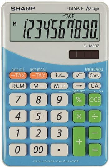 Sharp ELM-332BBL irodai számológép - Döntött kijelző, 10 nagy számjegy, Napelem, Valuta átváltó, ÁFA számítás, 00 gomb, Százalék, Négyzetgyökvonás, Előjelváltás, Javító gomb, kék-fehér