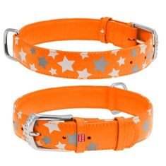 WAUDOG Lapos bőr nyakörv izzó narancssárga csillagokkal 27-36 cm, szélesség: 15 mm narancssárga