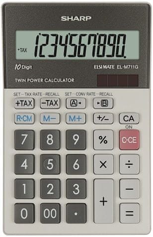 Sharp ELM-711PGGY irodai számológép - Döntött kijelző, 10 nagy számjegy, Napelem, Valuta átváltó, ÁFA számítás, 00 gomb, Százalékszámítás, Előjelváltás, ezüst-szürke