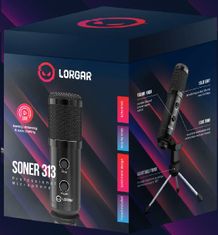 LORGAR mikrofon Soner 313 streaminghez, kondenzátor, hangerő és visszhang gomb, fekete