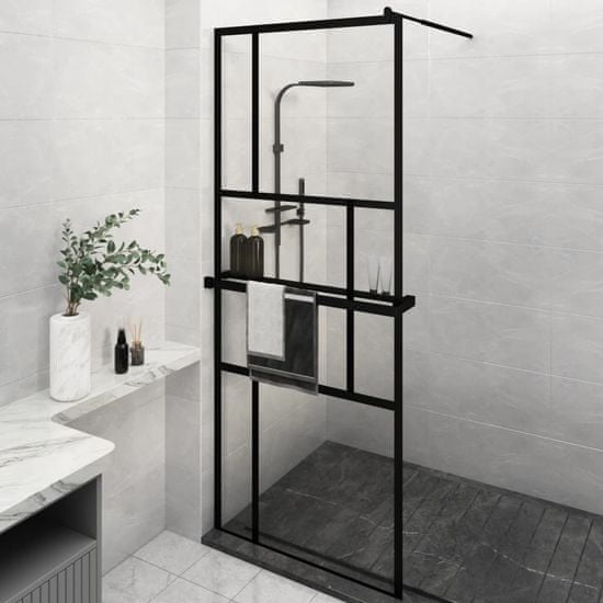 Greatstore fekete ESG üveg és alumínium zuhanyfal polccal 80 x 195 cm