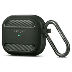 Spigen Bluetooth fülhallgató töltőtok tartó, szilikon, vezeték nélküli töltés támogatás, karabiner, Apple AirPods 3 kompatiblis, Rugged Armor, zöld (110279)