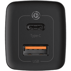BASEUS Hálózati töltő adapter, 65W, USB aljzat, USB Type-C aljzat, USB Type-C kábellel, gyorstöltés, PD 3.0, QC 3.0, Baseus, CCGAN2L-B01, fekete (119124)