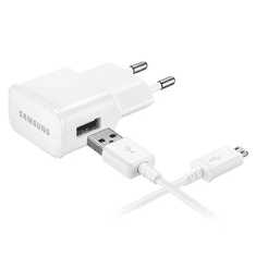 SAMSUNG Hálózati töltő adapter, 5V / 1550mA, USB aljzat, microUSB kábellel, Samsung, fehér, gyári (RS73114)