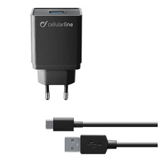 CellularLine hálózati töltő USB aljzat (5V / 2000 mA, 10W, PD gyorstöltés támogatás + Type-C kábel) FEKETE (ACHKIT10WTYCK) (ACHKIT10WTYCK)