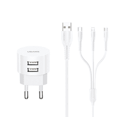 USAMS U35 hálózati töltő dupla USB porttal, 100cm-es 3az1-ben töltőkábellel (Lightning+micro usb+usb-c) fehér (1346291) (XTXLOGT203101)