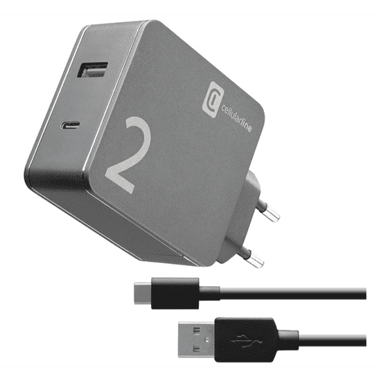 CellularLine hálózati töltő USB / Type-C aljzat (5V / 2000 mAh, 48W, QC gyorstöltés támogatás + Type-C kábel) FEKETE (ACHUSB2KITHOME48WK) (ACHUSB2KITHOME48WK)