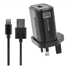 CellularLine hálózati adapter USB aljzat (12W, UK, földelt, utazótöltő + lightning 8pin kábel) FEKETE (ACHKITMFI12WUKK) (ACHKITMFI12WUKK)