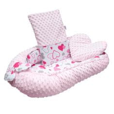 NEW BABY Luxus babafészek párnával és paplannal Minkyből rózsaszín szívecskék