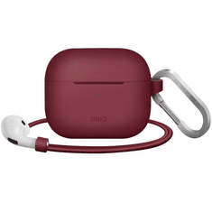 UNIQ Bluetooth fülhallgató töltőtok tartó, szilikon, vezeték nélküli töltés támogatás, karabiner, nyakba akasztóval, Apple AirPods 3 kompatibilis, Vencer, bordó (S61403)