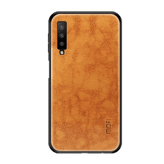 MOFI műanyag telefonvédő (szilikon keret, bőr hatású hátlap) BARNA [Samsung Galaxy A7 (2018) SM-A750F] (5996457830916)